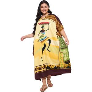 imageCaftans for Women Plus Size Polyester Maxi Beach Dresses Bathing Suit Cover Up Long Kaftan Swimsuit Coverup House DressYellow Tribal