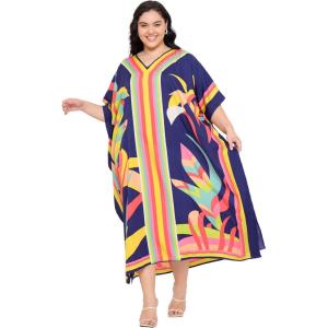 imageGypsie Blu Caftan Dresses for Women Polyester Plus Size Moo Moos Bathing Suit Cover Up Kaftan BeachDress Resort Lounge OutfitNavy Blue Leaf
