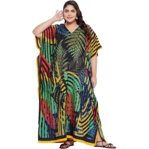 imageGypsie Blu Caftan Dresses for Women Polyester Plus Size Moo Moos Bathing Suit Cover Up Kaftan BeachDress Resort Lounge OutfitBlack Tropical Palm