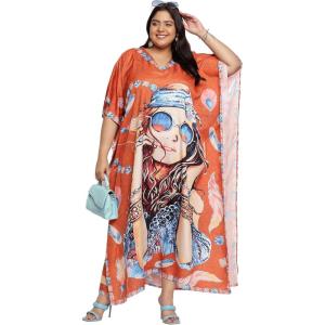 imageGypsie Blu Caftan Dresses for Women Polyester Plus Size Moo Moos Bathing Suit Cover Up Kaftan BeachDress Resort Lounge OutfitOrange Lady Face