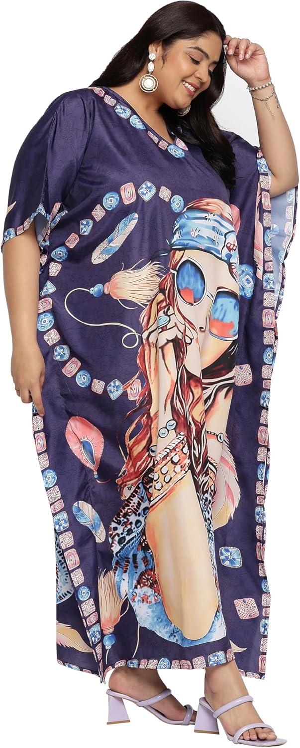 imageGypsie Blu Caftan Dresses for Women Polyester Plus Size Moo Moos Bathing Suit Cover Up Kaftan BeachDress Resort Lounge OutfitNavy Blue