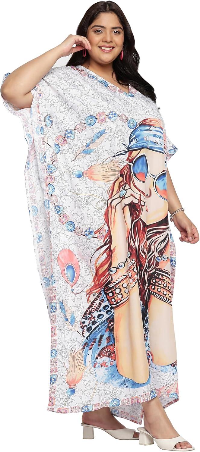 imageGypsie Blu Caftan Dresses for Women Polyester Plus Size Moo Moos Bathing Suit Cover Up Kaftan BeachDress Resort Lounge OutfitWhite Lady Face