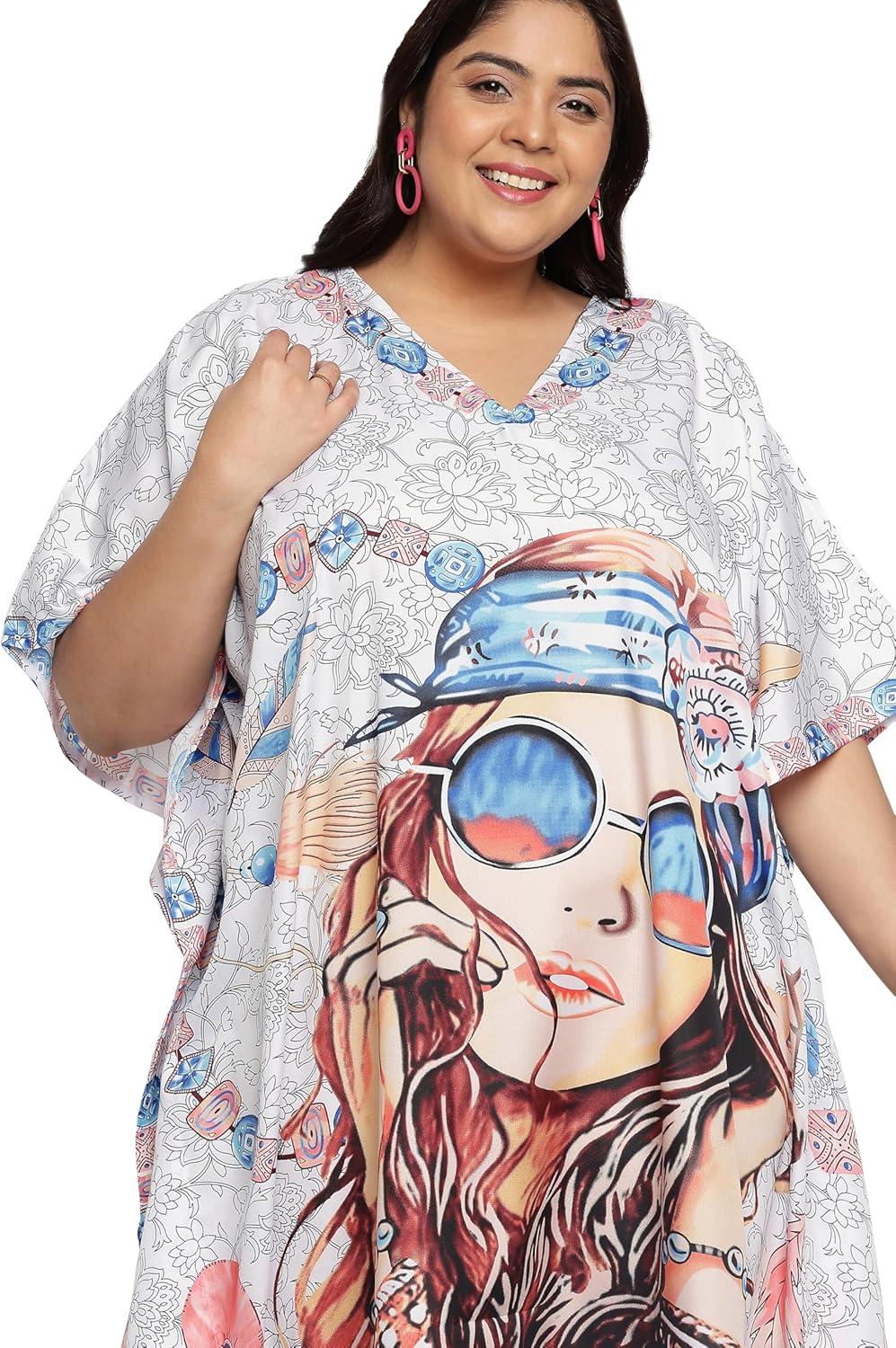 imageGypsie Blu Caftan Dresses for Women Polyester Plus Size Moo Moos Bathing Suit Cover Up Kaftan BeachDress Resort Lounge OutfitWhite Lady Face