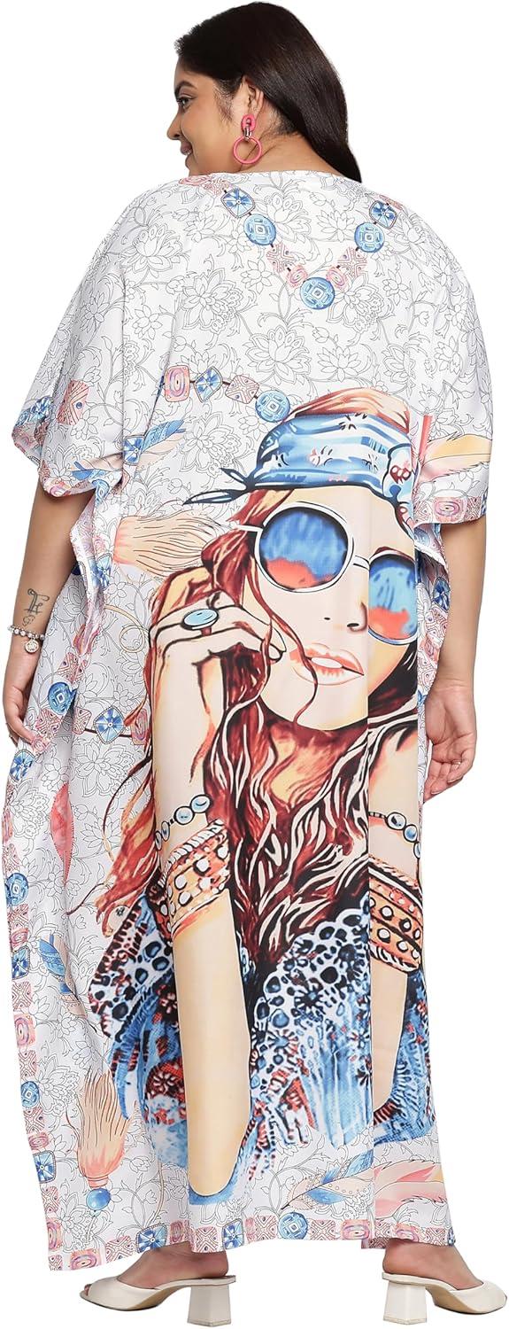 imageGypsie Blu Caftan Dresses for Women Polyester Plus Size Moo Moos Bathing Suit Cover Up Kaftan BeachDress Resort Lounge OutfitWhite Lady Face