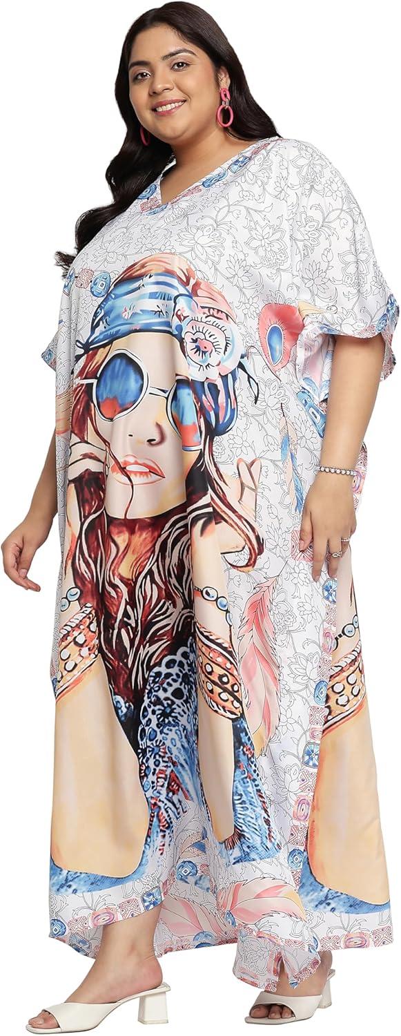 imageGypsie Blu Caftan Dresses for Women Polyester Plus Size Moo Moos Bathing Suit Cover Up Kaftan BeachDress Resort Lounge OutfitWhite Lady Face