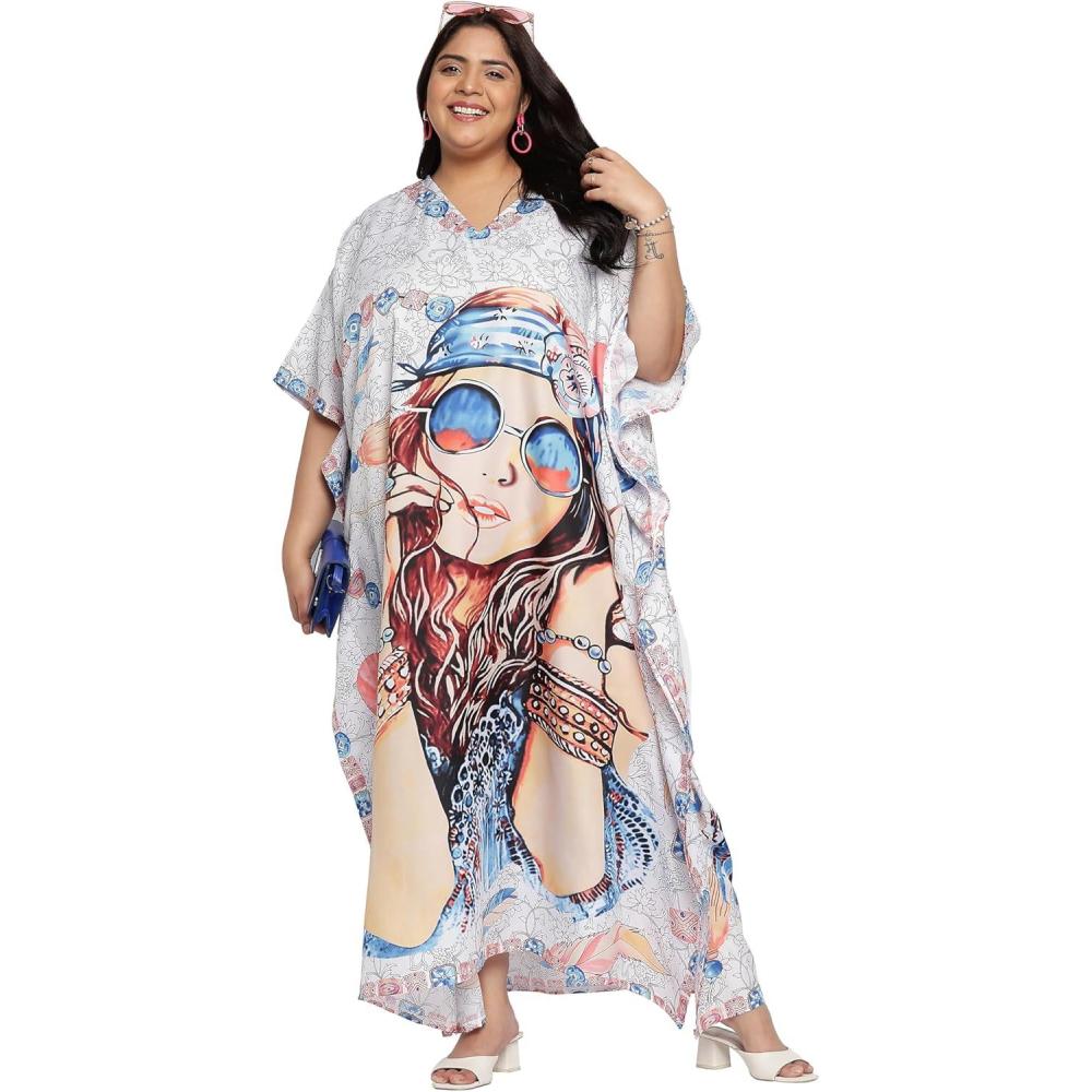 imageGypsie Blu Caftan Dresses for Women Polyester Plus Size Moo Moos Bathing Suit Cover Up Kaftan BeachDress Resort Lounge OutfitWhite Lady Face