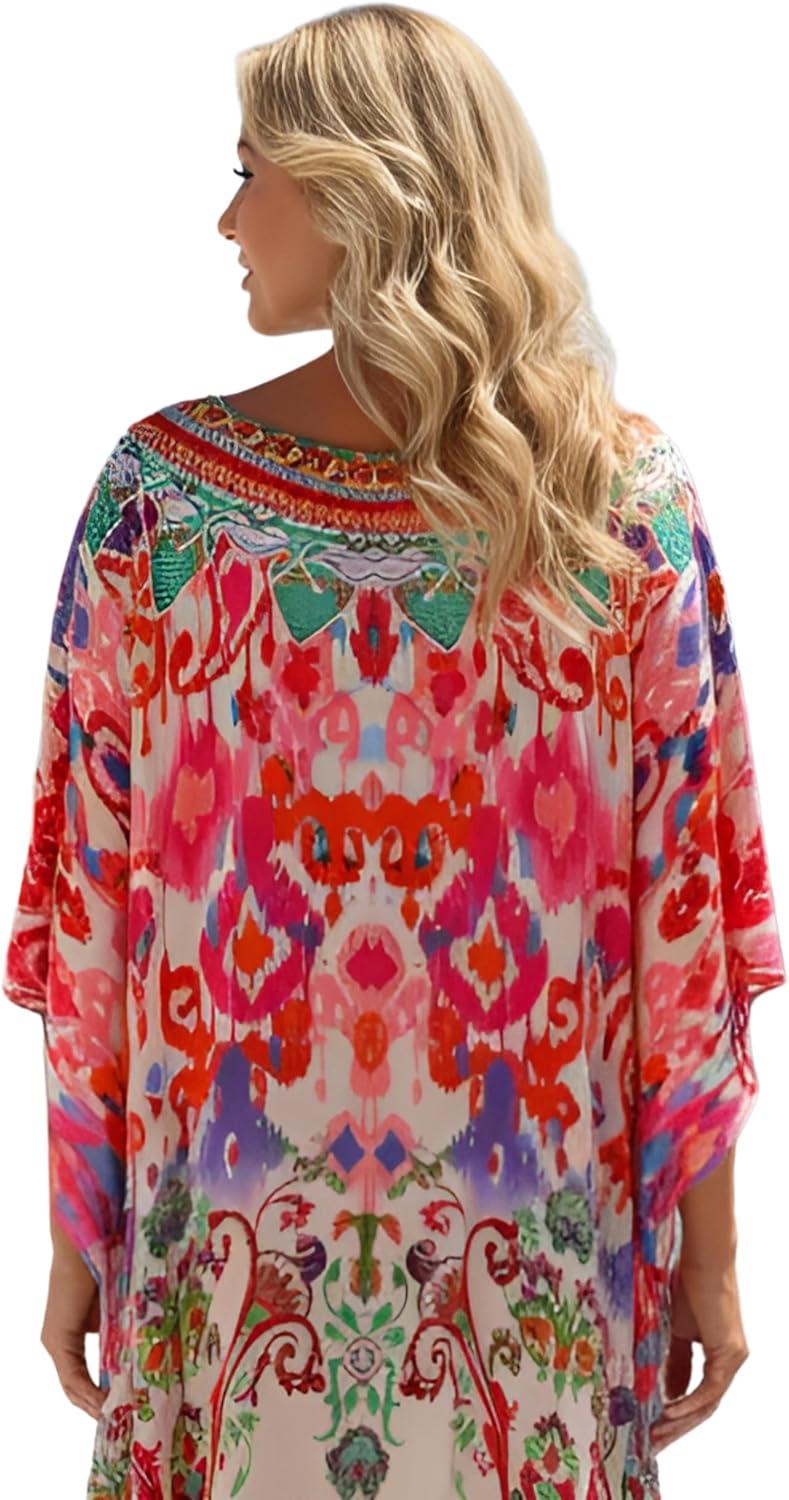imageGypsie Blu Women Satin Short Caftan Dress Printed Plus Size Rhinestone Embroidery Tunic Tops Dresses Beach Cover Up for PartyPeach