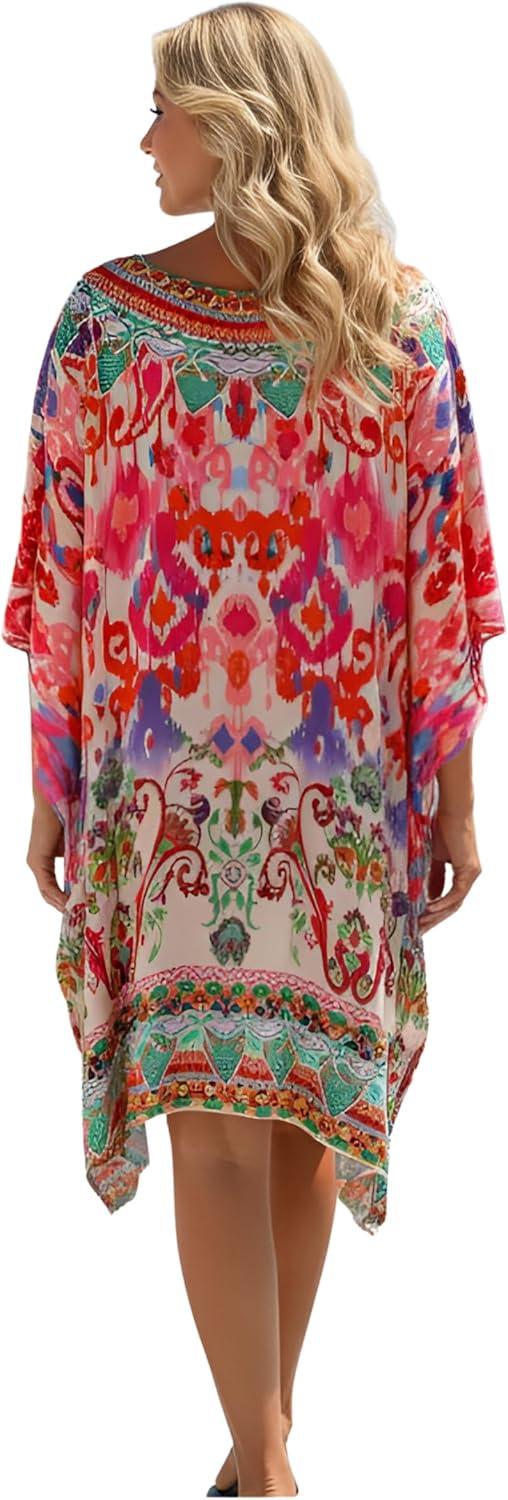 imageGypsie Blu Women Satin Short Caftan Dress Printed Plus Size Rhinestone Embroidery Tunic Tops Dresses Beach Cover Up for PartyPeach
