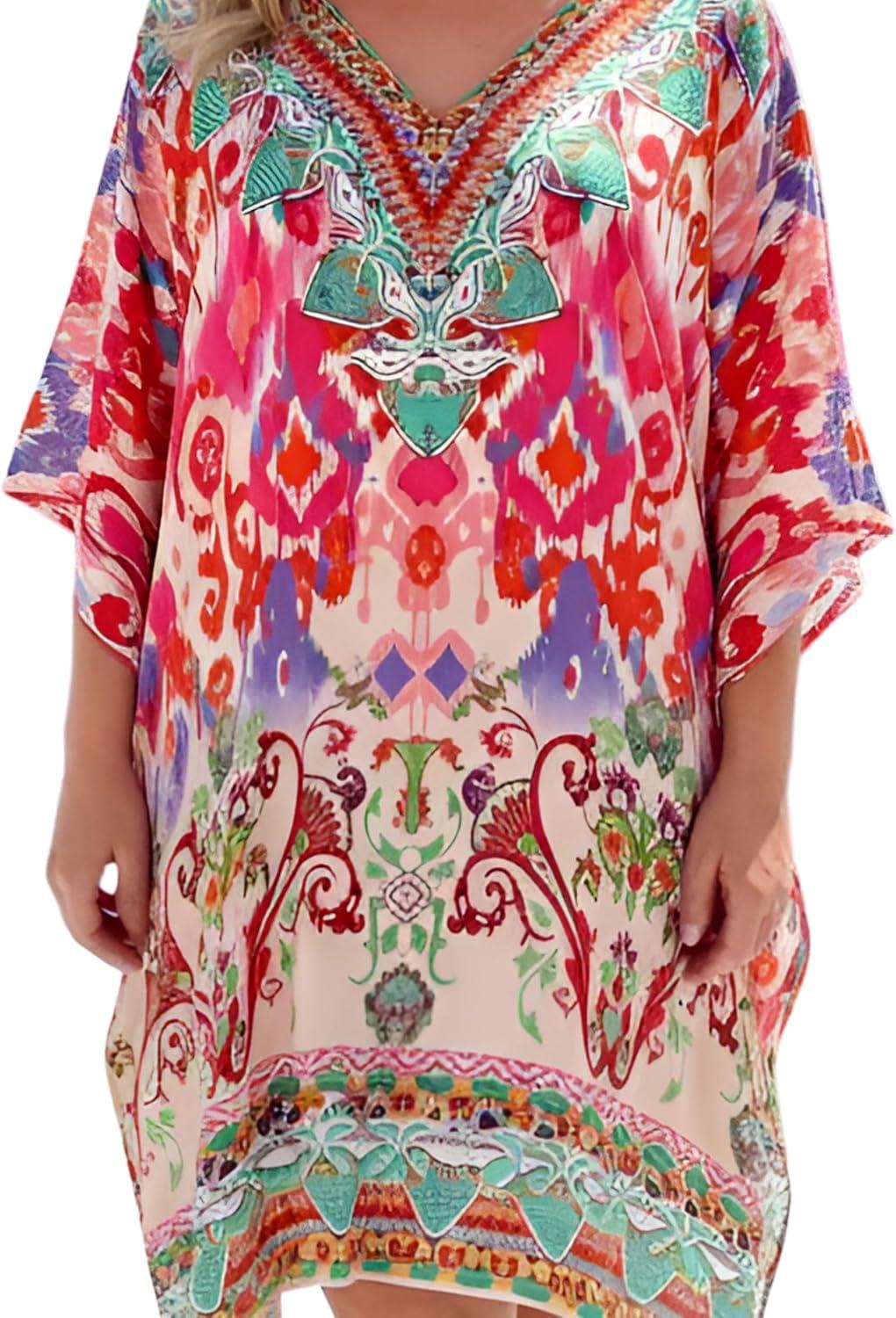 imageGypsie Blu Women Satin Short Caftan Dress Printed Plus Size Rhinestone Embroidery Tunic Tops Dresses Beach Cover Up for PartyPeach
