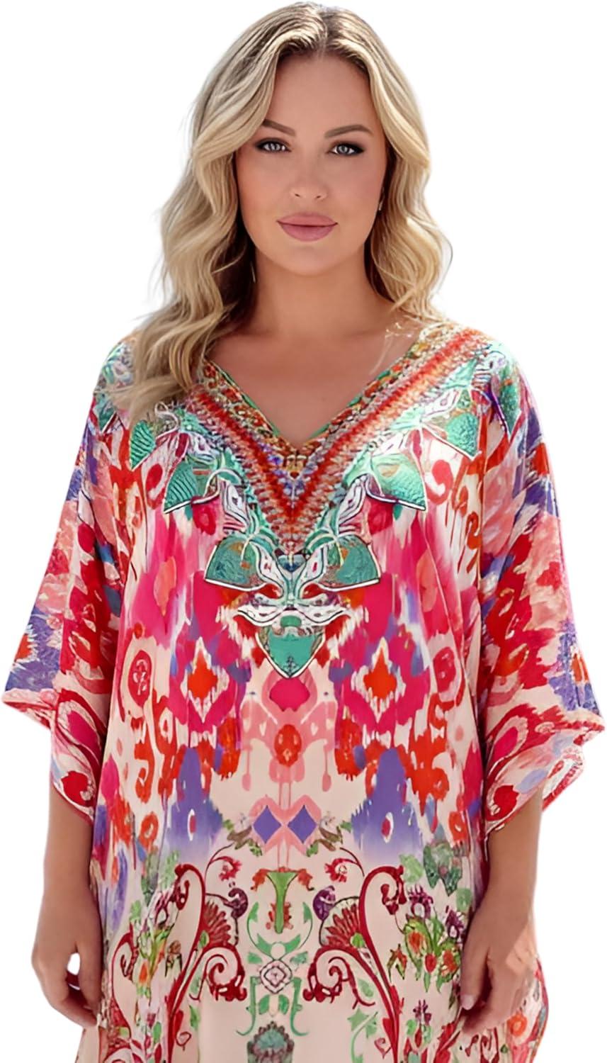 imageGypsie Blu Women Satin Short Caftan Dress Printed Plus Size Rhinestone Embroidery Tunic Tops Dresses Beach Cover Up for PartyPeach