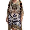 imageGypsie Blu Women Satin Short Caftan Dress Printed Plus Size Rhinestone Embroidery Tunic Tops Dresses Beach Cover Up for PartyBeige Baroque