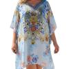 imageGypsie Blu Women Satin Short Caftan Dress Printed Plus Size Rhinestone Embroidery Tunic Tops Dresses Beach Cover Up for PartyLight Blue
