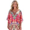 imageGypsie Blu Women Satin Short Caftan Dress Printed Plus Size Rhinestone Embroidery Tunic Tops Dresses Beach Cover Up for PartyPeach