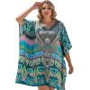 imageGypsie Blu Women Satin Short Caftan Dress Printed Plus Size Rhinestone Embroidery Tunic Tops Dresses Beach Cover Up for PartyTeal