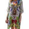 imageGypsie Blu Women Satin Short Caftan Dress Printed Plus Size Rhinestone Embroidery Tunic Tops Dresses Beach Cover Up for PartyWhite