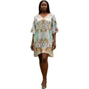 imageGypsie Blu Women Satin Short Caftan Dress Printed Plus Size Rhinestone Embroidery Tunic Tops Dresses Beach Cover Up for PartyAqua