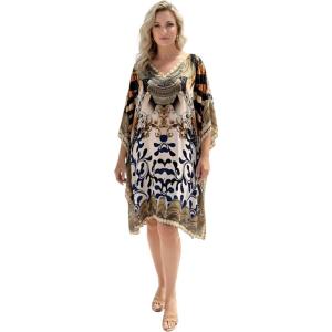 imageGypsie Blu Women Satin Short Caftan Dress Printed Plus Size Rhinestone Embroidery Tunic Tops Dresses Beach Cover Up for PartyBeige Baroque