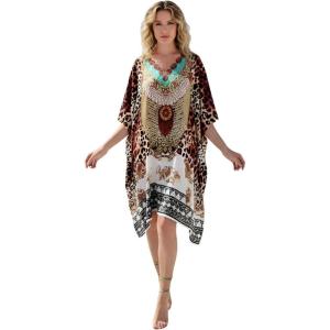 imageGypsie Blu Women Satin Short Caftan Dress Printed Plus Size Rhinestone Embroidery Tunic Tops Dresses Beach Cover Up for PartyCaramel Brown