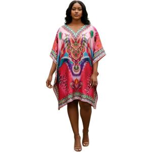 imageGypsie Blu Women Satin Short Caftan Dress Printed Plus Size Rhinestone Embroidery Tunic Tops Dresses Beach Cover Up for PartyFuchsia Pink