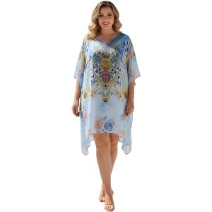 imageGypsie Blu Women Satin Short Caftan Dress Printed Plus Size Rhinestone Embroidery Tunic Tops Dresses Beach Cover Up for PartyLight Blue