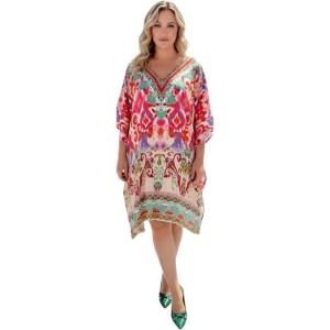 imageGypsie Blu Women Satin Short Caftan Dress Printed Plus Size Rhinestone Embroidery Tunic Tops Dresses Beach Cover Up for PartyPeach