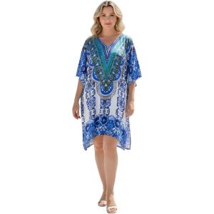 imageGypsie Blu Women Satin Short Caftan Dress Printed Plus Size Rhinestone Embroidery Tunic Tops Dresses Beach Cover Up for PartyRoyal Blue