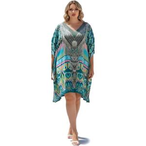 imageGypsie Blu Women Satin Short Caftan Dress Printed Plus Size Rhinestone Embroidery Tunic Tops Dresses Beach Cover Up for PartyTeal