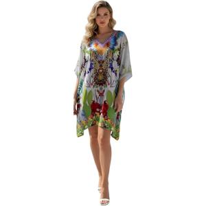 imageGypsie Blu Women Satin Short Caftan Dress Printed Plus Size Rhinestone Embroidery Tunic Tops Dresses Beach Cover Up for PartyWhite