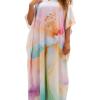imageGypsie Blu Women Caftan Dress Plus Size Satin Silk Printed Beach Cover Up Maxi Dresses Kimono Sleeve for Holidays Lounge WearPastel Cream