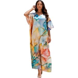 imageGypsie Blu Women Caftan Dress Plus Size Satin Silk Printed Beach Cover Up Maxi Dresses Kimono Sleeve for Holidays Lounge WearCream  White