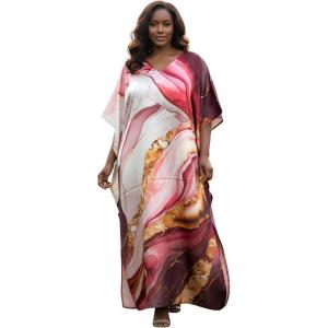 imageGypsie Blu Women Caftan Dress Plus Size Satin Silk Printed Beach Cover Up Maxi Dresses Kimono Sleeve for Holidays Lounge WearDeep Rose