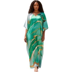 imageGypsie Blu Women Caftan Dress Plus Size Satin Silk Printed Beach Cover Up Maxi Dresses Kimono Sleeve for Holidays Lounge WearEmerald Green