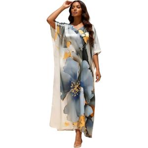 imageGypsie Blu Women Caftan Dress Plus Size Satin Silk Printed Beach Cover Up Maxi Dresses Kimono Sleeve for Holidays Lounge WearIvory White