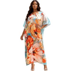imageGypsie Blu Women Caftan Dress Plus Size Satin Silk Printed Beach Cover Up Maxi Dresses Kimono Sleeve for Holidays Lounge WearLight Cream