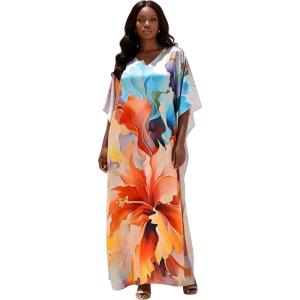 imageGypsie Blu Women Caftan Dress Plus Size Satin Silk Printed Beach Cover Up Maxi Dresses Kimono Sleeve for Holidays Lounge WearLight Cream Abstract Floral