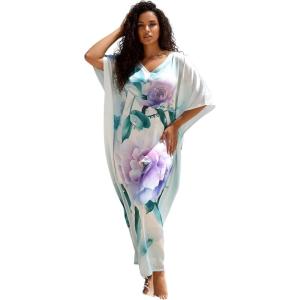 imageGypsie Blu Women Caftan Dress Plus Size Satin Silk Printed Beach Cover Up Maxi Dresses Kimono Sleeve for Holidays Lounge WearLight Icy Blue