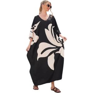 image:imageGypsie Blu Caftan Dresses for Women Polyester Plus Size Moo Moos Bathing Suit Cover Up Kaftan BeachDress Resort Lounge OutfitBlack and Offwhite