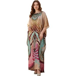 image:imageGypsie Blu Caftan Dresses for Women Satin Silk Printed Plus Size Moo Moo Dress Kimono Sleeve Stylish Maxi Gown for PartiesBeige Tribal