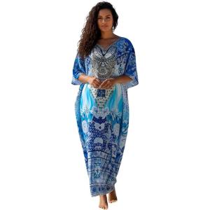 image:imageGypsie Blu Caftan Dresses for Women Satin Silk Printed Plus Size Moo Moo Dress Kimono Sleeve Stylish Maxi Gown for PartiesBlue