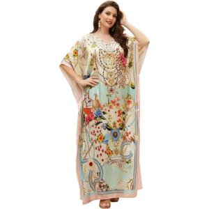 image:imageGypsie Blu Caftan Dresses for Women Satin Silk Printed Plus Size Moo Moo Dress Kimono Sleeve Stylish Maxi Gown for PartiesCream  Mint Green