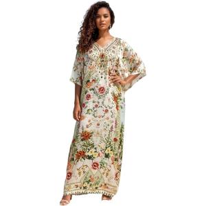 image:imageGypsie Blu Caftan Dresses for Women Satin Silk Printed Plus Size Moo Moo Dress Kimono Sleeve Stylish Maxi Gown for PartiesLight Beige Floral