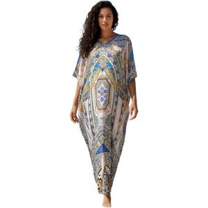 image:imageGypsie Blu Caftan Dresses for Women Satin Silk Printed Plus Size Moo Moo Dress Kimono Sleeve Stylish Maxi Gown for PartiesLight Beige Geometric