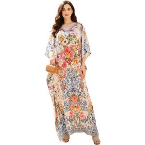 image:imageGypsie Blu Caftan Dresses for Women Satin Silk Printed Plus Size Moo Moo Dress Kimono Sleeve Stylish Maxi Gown for PartiesOffwhite