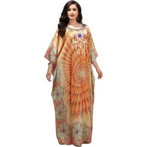 image:imageGypsie Blu Plus Size Satin Silk Printed Caftan Dress Stylish Maxi Kimono Dress Loose Flowing Gown for Women Party Resort WearBeige