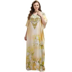 image:imageGypsie Blu Plus Size Satin Silk Printed Caftan Dress Stylish Maxi Kimono Dress Loose Flowing Gown for Women Party Resort WearCream Floral