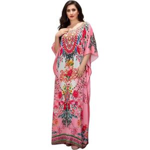 image:imageGypsie Blu Plus Size Satin Silk Printed Caftan Dress Stylish Maxi Kimono Dress Loose Flowing Gown for Women Party Resort WearLight Pink