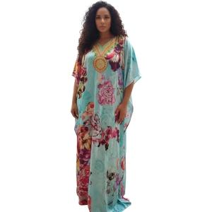 image:imageGypsie Blu Plus Size Satin Silk Printed Caftan Dress Stylish Maxi Kimono Dress Loose Flowing Gown for Women Party Resort WearLight Turquoise