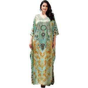 image:imageGypsie Blu Plus Size Satin Silk Printed Caftan Dress Stylish Maxi Kimono Dress Loose Flowing Gown for Women Party Resort WearMint Green Tribal