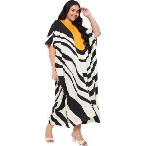 image:imageGypsie Blu Polyester Womens Plus Size Printed Caftan Maxi Dress Bathing Suit CoverUp Loose Fit Summer Casual Outings WearBlack  White Geometric Stripe