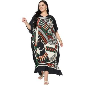 image:imageGypsie Blu Polyester Womens Plus Size Printed Caftan Maxi Dress Bathing Suit CoverUp Loose Fit Summer Casual Outings WearBlack Tribal